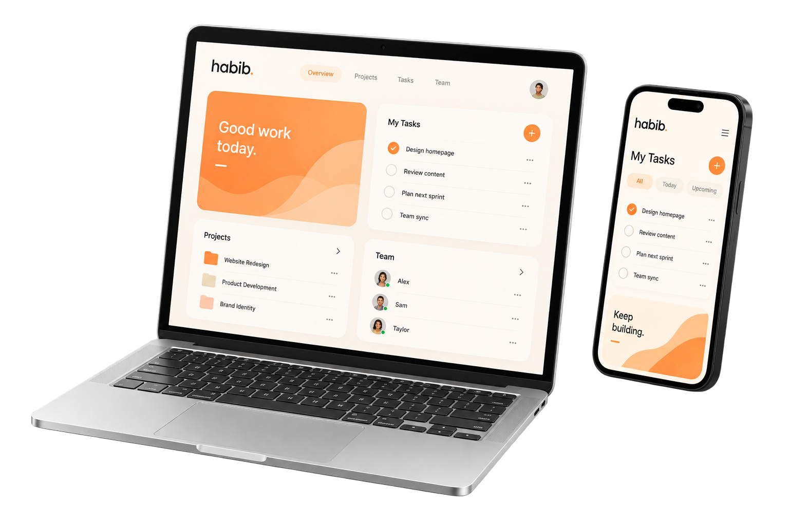 Laptop und Smartphone mit Habib-Software in Cremeweiß und Orange